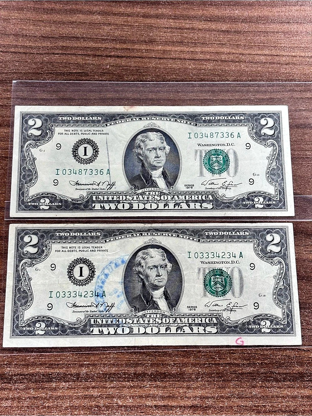 Two $2 1976 Jefferson Two Dollar Bills Circulated Very Good Condition16